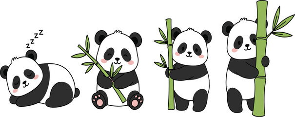 Cute kawaii panda character set featuring a sleeping bear and pandas holding green bamboo stalks vector illustration for kids nature and wildlife design. (25 words) © Moklesur