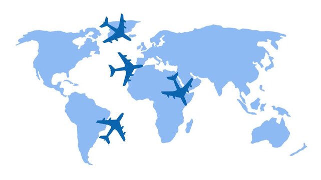 Silhouettes of airplanes flying over a world map animation