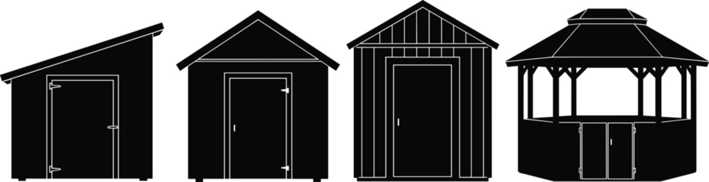 Small building silhouettes, shed vector icons, barn shape, gazebo design, outdoor structure illustration, black architecture elements, rural construction symbols