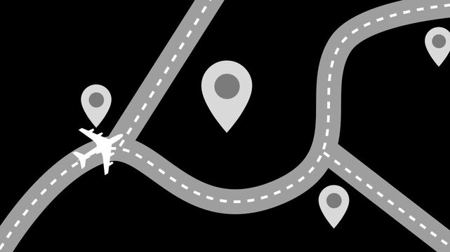 Abstract Map with Airplane and Location Pins Animation