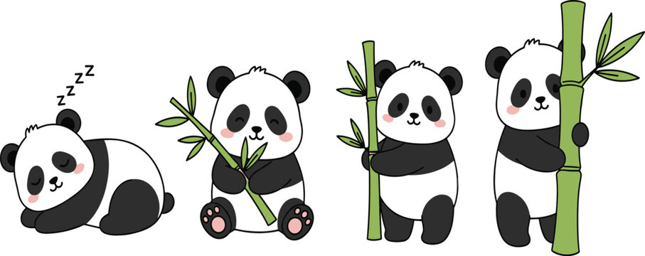 Cute kawaii panda character set featuring a sleeping bear and pandas holding green bamboo stalks vector illustration for kids nature and wildlife design. (25 words)