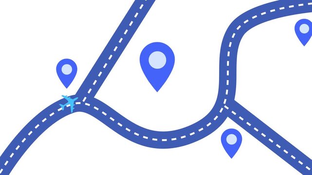 Abstract Map with Airplane and Location Pins Animation