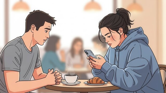 A poignant illustration of modern social disconnect with a woman engrossed in her phone ignoring