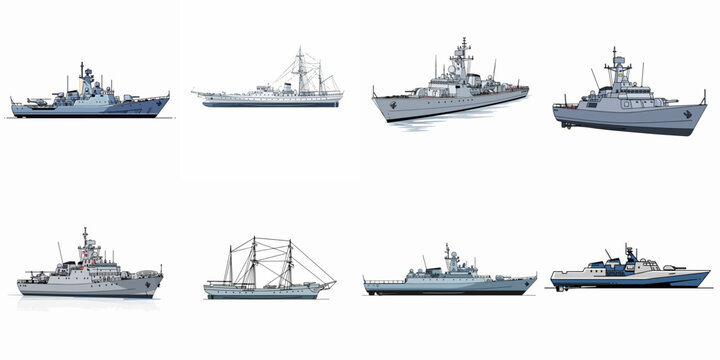 vector illustration set of corvette ships on white background