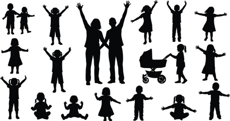 Silhouettes of families and children in varied poses, illustrating parenting, childhood, and everyday family life