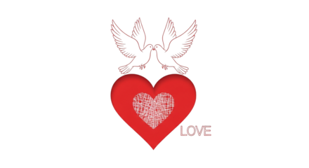 Vibrant red heart with white doves and love text on transparent background, symbolizing romance and affection with natural lighting and bold color palette