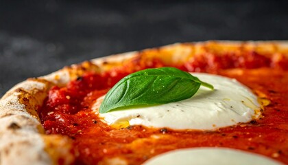 Extreme close up of a fresh green basil leaf resting on white mozzarella cheese and vibrant red tomato sauce. Authentic Italian pizza margherita texture.