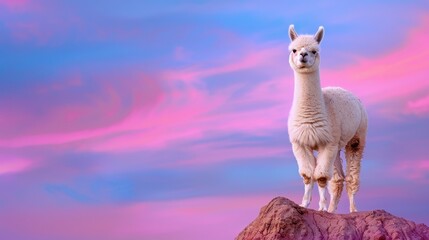 Obraz premium Majestic White Alpaca Standing on Rock Against Colorful Sky at Sunset with Soft Pastel Tones