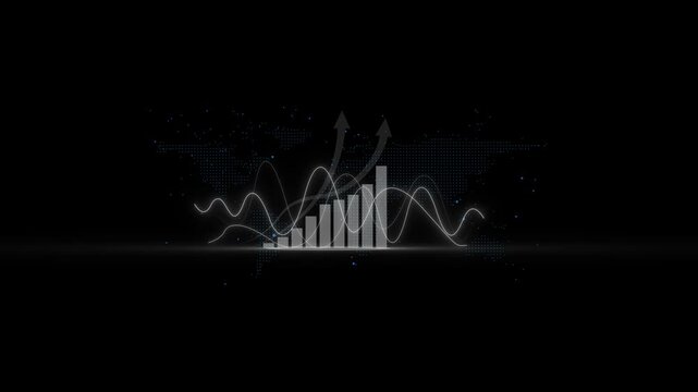 Business Growth Infographic with Rising Arrows and Graphs on Dark Background with Blue Dots charts