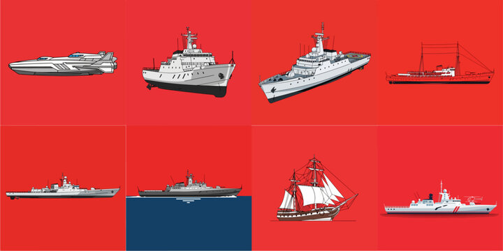 vector illustration set of corvette ships on red background