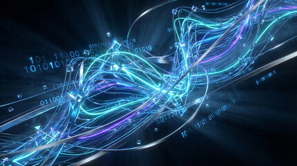 Futuristic digital data flow with glowing neon lines and binary code numbers.