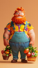 3d Cartoon Character A fat man carrying a fruit basket