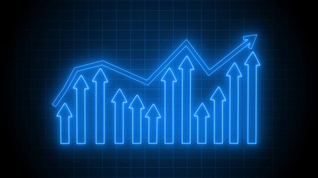 Neon Arrows Indicating Growth and Decline, Animated Bar Chart Background in Neon