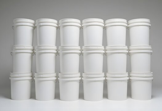 Stack of white plastic buckets with lids and handles, ready for storage or industrial use. 5 gallon pail bucket