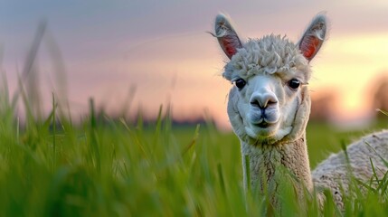Obraz premium Curious Alpaca Looking at Camera with Sunset Background in Lush Green Field