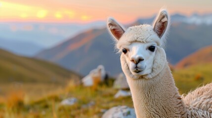Obraz premium Charming Alpaca Portrait Against Stunning Mountain Sunset in a Scenic Natural Landscape