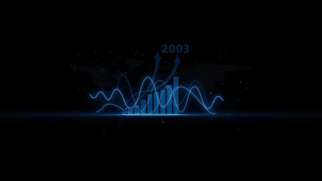 Business data visualization with 2003 graph and growing arrows on black background with blue neon lines and dots