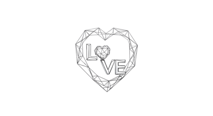 Geometric heart with LOVE text and diamond outline, isolated on transparent background with black lines and minimalist design