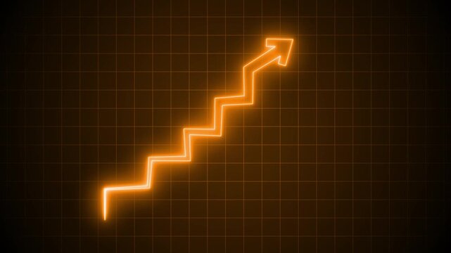 Glowing Zigzag Arrow on Dark Grid, Glowing Neon Light Corporate Bar Graph Animation