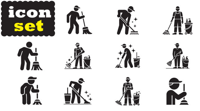 Cleaning Worker Icon Set, Editable Solid Vector Illustration