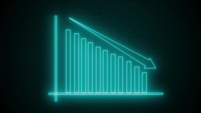 High-Tech Animated Graph Chart with Glowing Neon Business Bars, Neon Bar Chart with Downward Trend Arrow