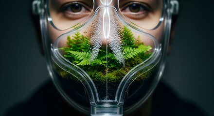 Person wearing gas mask with green plants inside symbolizing environmental protection and conservation