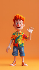 3d Cartoon Character A cheerful man is greeting with raised hand
