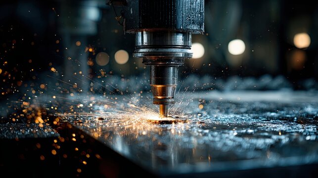 A close-up of a cutting tool in action, producing sparks while machining metal, highlighting the precision and intensity of industrial processes.