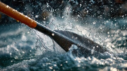 A close-up of a paddle striking water, creating splashes, capturing the motion and energy of water sports.