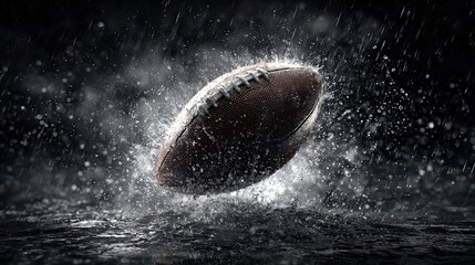 Naklejka premium A football splashes through water, illuminated against a dark backdrop, capturing a dynamic moment in a rain-soaked environment.