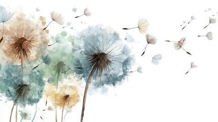 A watercolor illustration of dandelions with seeds drifting away, embodying a whimsical and serene natural scene.