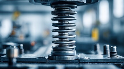 A close-up of a metallic spring on a machine, showcasing the intricate details of its design and the industrial environment surrounding it.