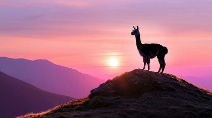 Obraz premium Silhouette of a Llama at Sunset Over Rolling Hills with Vibrant Sky and Mountains in the Background
