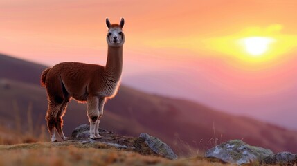 Obraz premium Majestic Alpaca Silhouetted Against a Stunning Sunset in the Andes Mountains, Capturing Nature's Beauty and Tranquility
