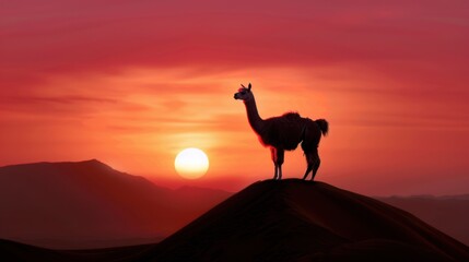 Obraz premium Silhouette of a Llama Against a Colorful Sunset in a Desert Landscape with Mountains in the Background