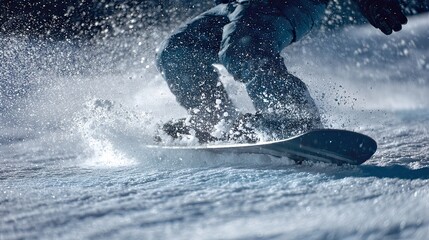 Naklejka premium A snowboarder carves through fresh snow, kicking up powder in an exhilarating winter scene.