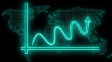 Glowing Line Graph on World Map, Animated Neon Arrows and Business Growth Bars - Powered by Adobe