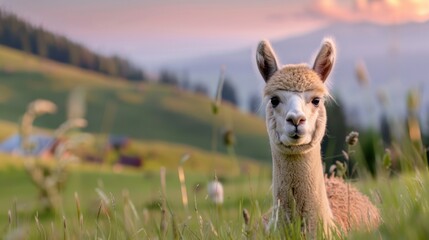 Obraz premium Adorable young llama grazing peacefully in a lush green meadow with soft golden light illuminating the landscape at sunset