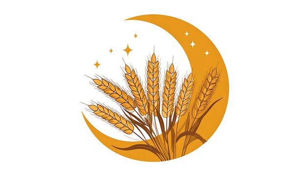 Wheat stalks under a crescent moon, a serene harvest scene.