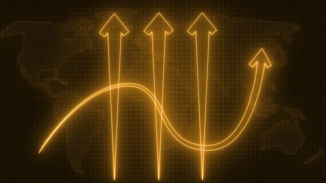 Business Data Animation with Glowing Neon Bars and Rising Arrows, Arrows Indicating Global Growth and Decline