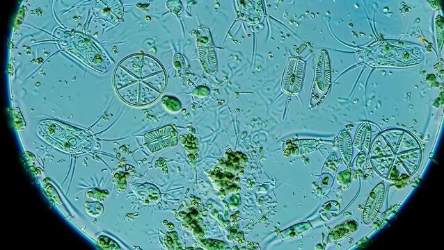 Microscopic view of live plankton and diatoms under dark field illumination