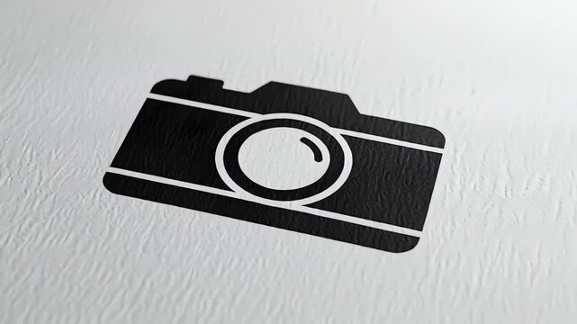 Clean minimalist video featuring a camera logo printed on textured paper, shot from a top-down perspective with even diffused lighting