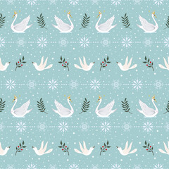 winter snow swan lake princess and dove seamless pattern. snowflakes botanical and birds avian animals background. good for fabric, wallpaper, wrapping paper, textile, greeting card. © hartami