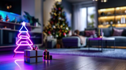 Obraz premium Cozy Christmas Living Room with Neon Tree, Gifts, and Festive Decorations in Modern Interior