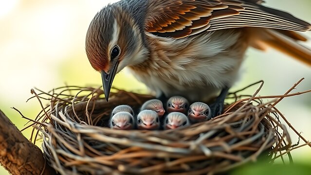 featherless. A mother bird with her wings spread, sheltering her baby birds. wildlife magazines, conservation campaigns, designed for wildlife conservation campaigns, used by presentation designers.