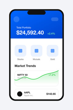 "A sleek, minimalist vector illustration showcasing a modern mobile stock trading app. The interface features a vibrant blue header with a high-value portfolio balance, intuitive navigation icons