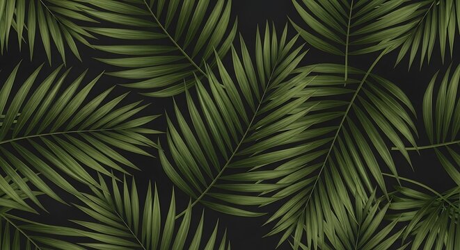 Tropical palm leaves pattern on a dark background, lush green foliage backdrop - Powered by Adobe