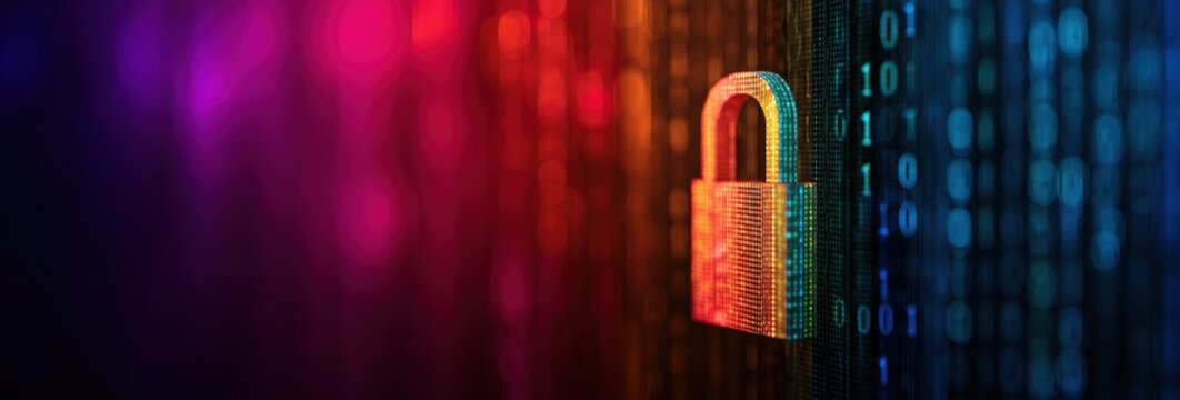 Digital padlock standing vertically on a background of abstract binary code, symbolizing cybersecurity and data protection