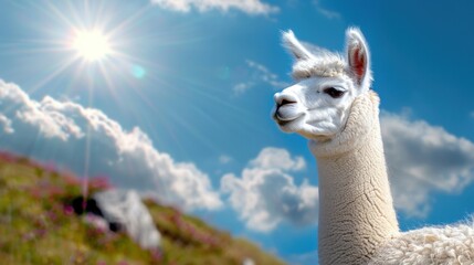 Obraz premium Majestic Alpaca Stands Gracefully Against a Bright Blue Sky with Fluffy Clouds and Radiant Sunlight in a Scenic Outdoor Setting