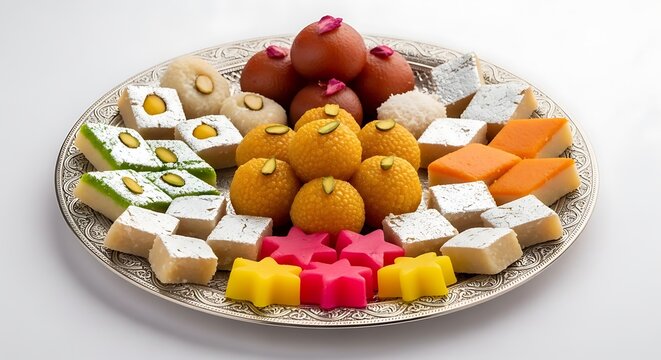 Assortment of Indian sweets and desserts on a silver platter, festive treat sele